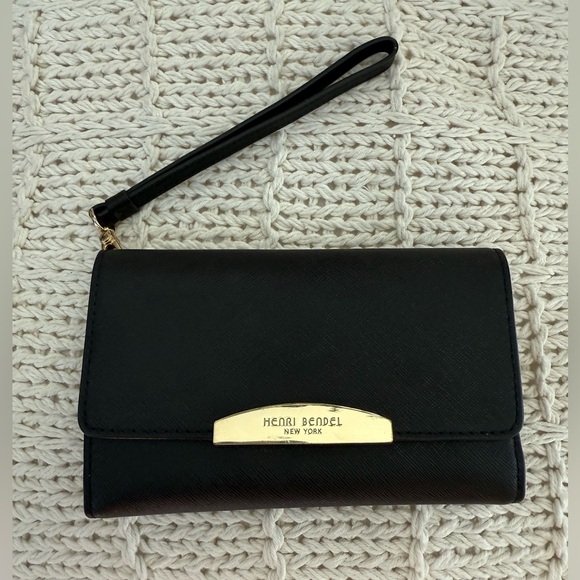Henri Bendel Black Saffiano Leather Pouch Wristlet Organizer Clutch Wallet Gold - Picture 1 of 16